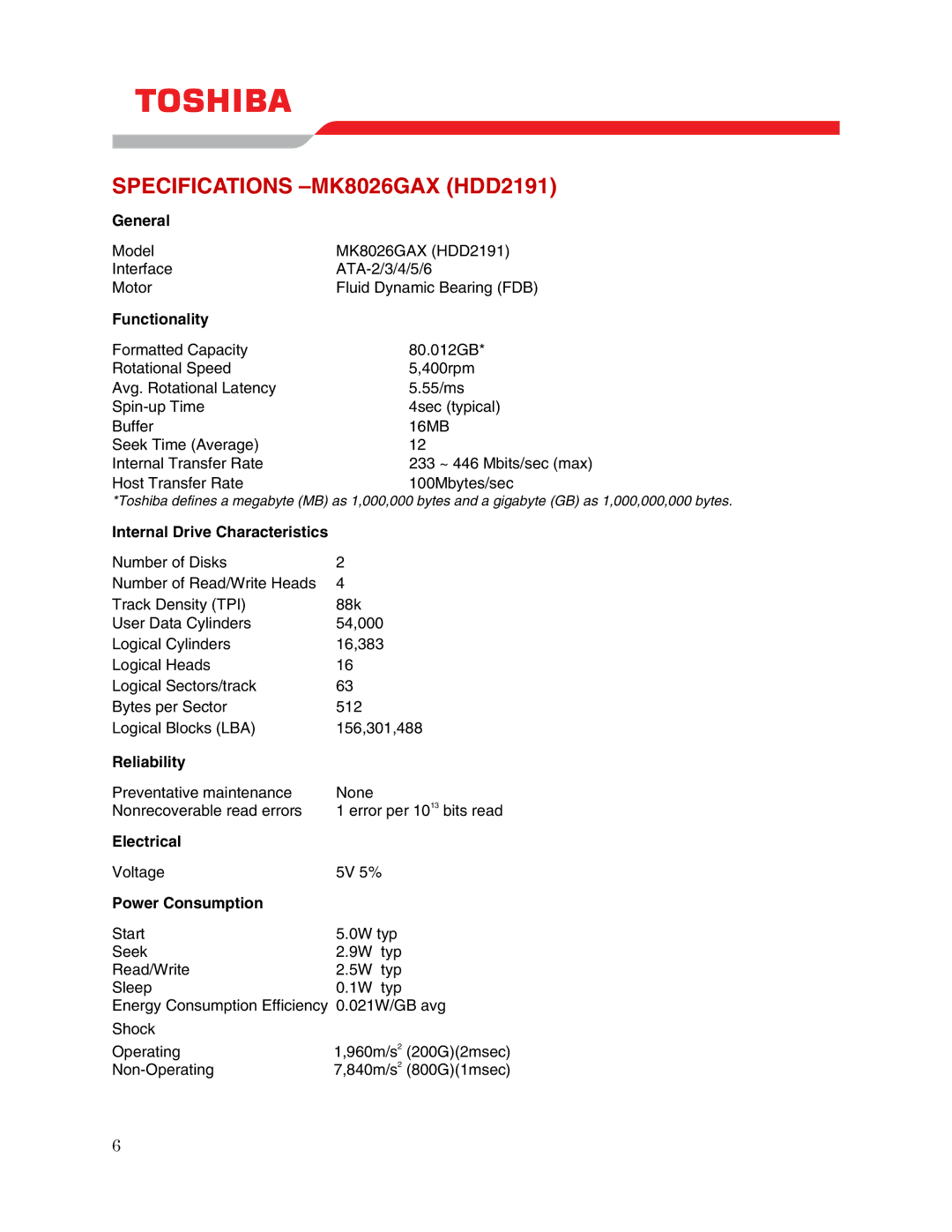 Toshiba user manual Specifications -MK8026GAX HDD2191 