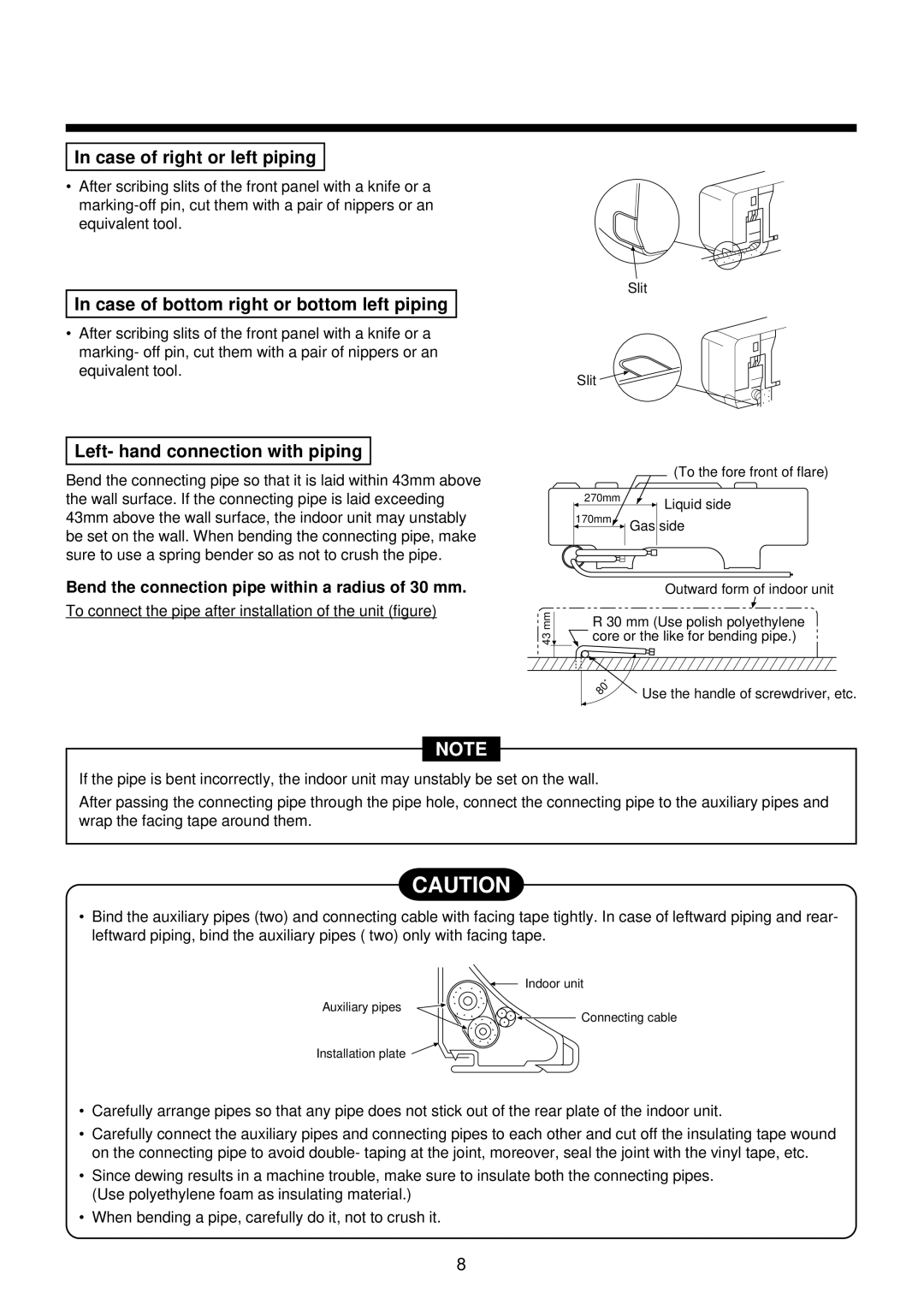 Toshiba MMK-AP0092H, MMK-AP0122H, MMK-AP0072H Case of right or left piping, Case of bottom right or bottom left piping 