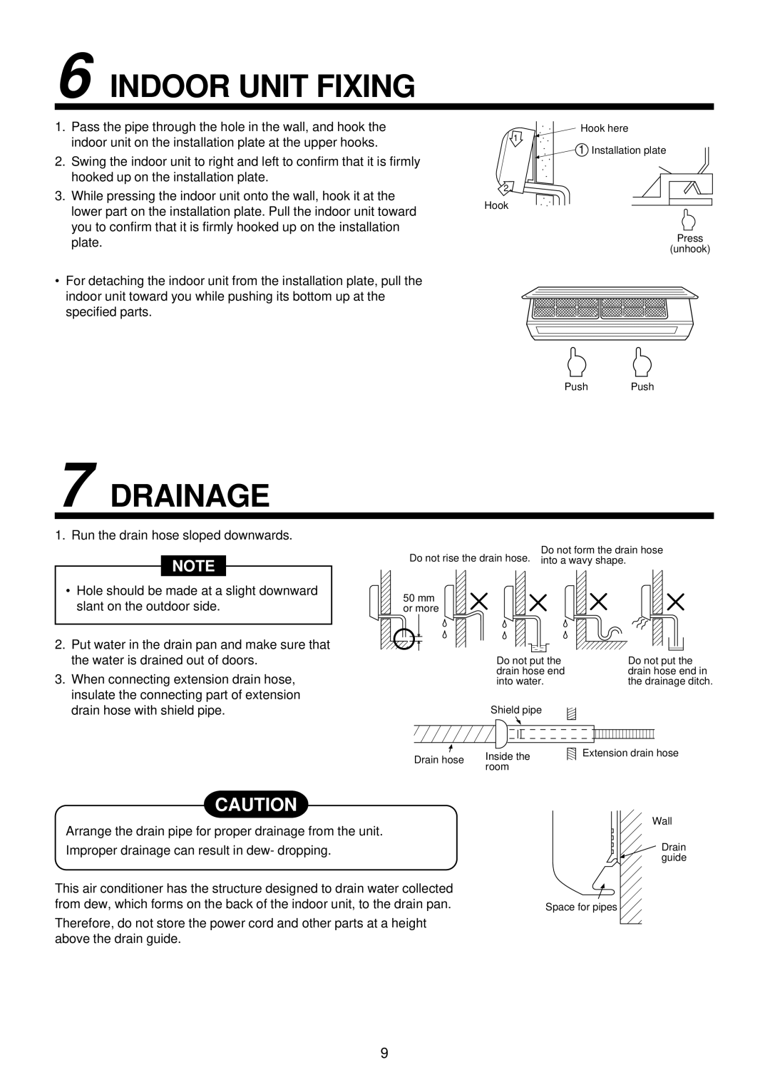 Toshiba MMK-AP0122H, MMK-AP0072H, MMK-AP0092H installation manual Indoor Unit Fixing, Drainage 