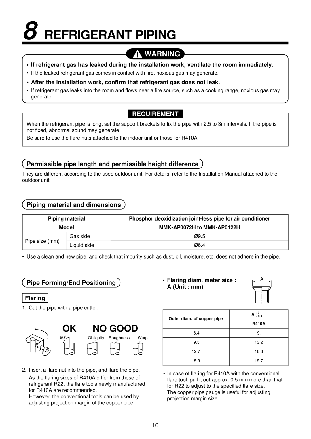 Toshiba MMK-AP0072H, MMK-AP0122H, MMK-AP0092H Refrigerant Piping, Permissible pipe length and permissible height difference 