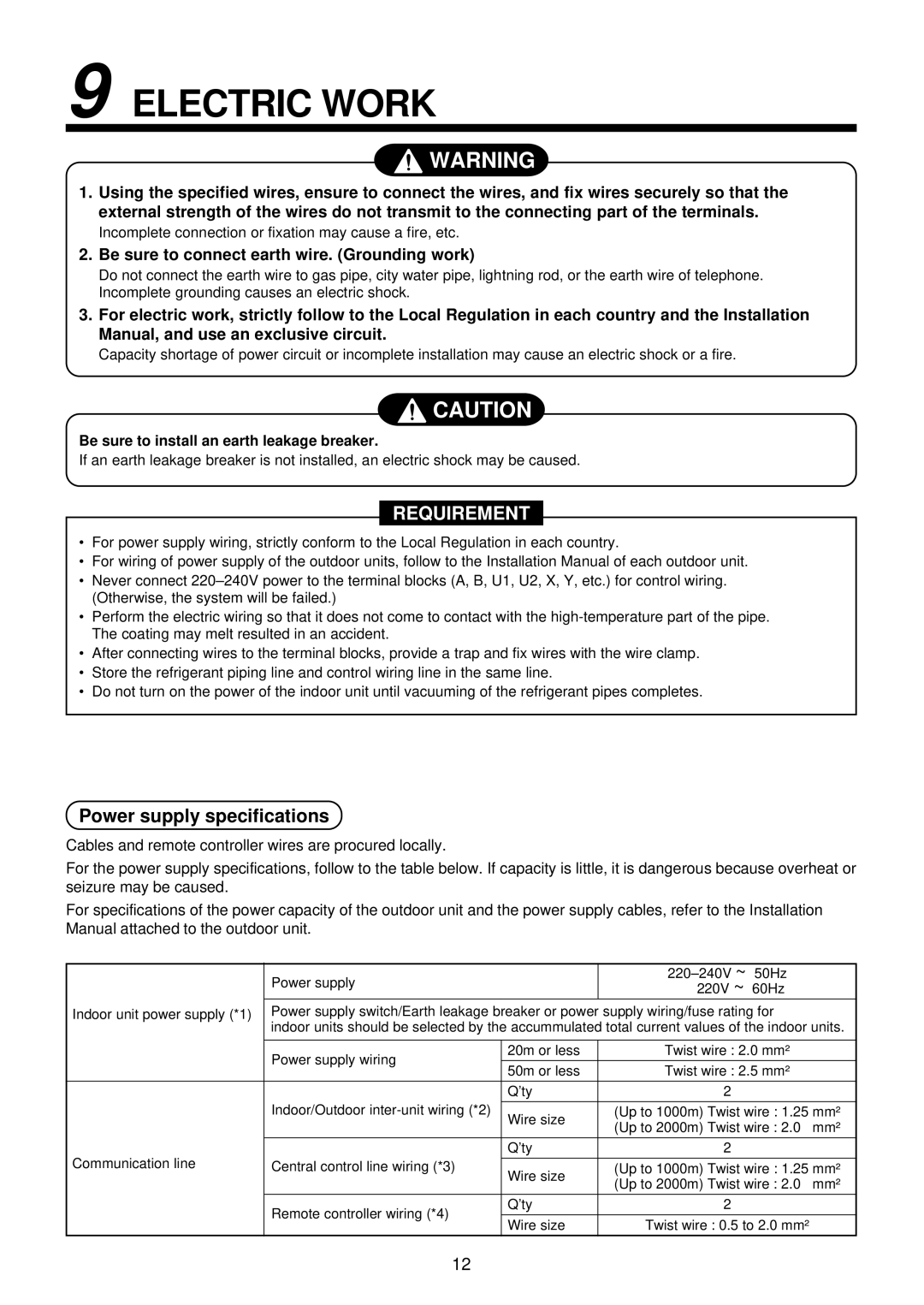 Toshiba MMK-AP0122H, MMK-AP0072H, MMK-AP0092H installation manual Electric Work, Power supply specifications 