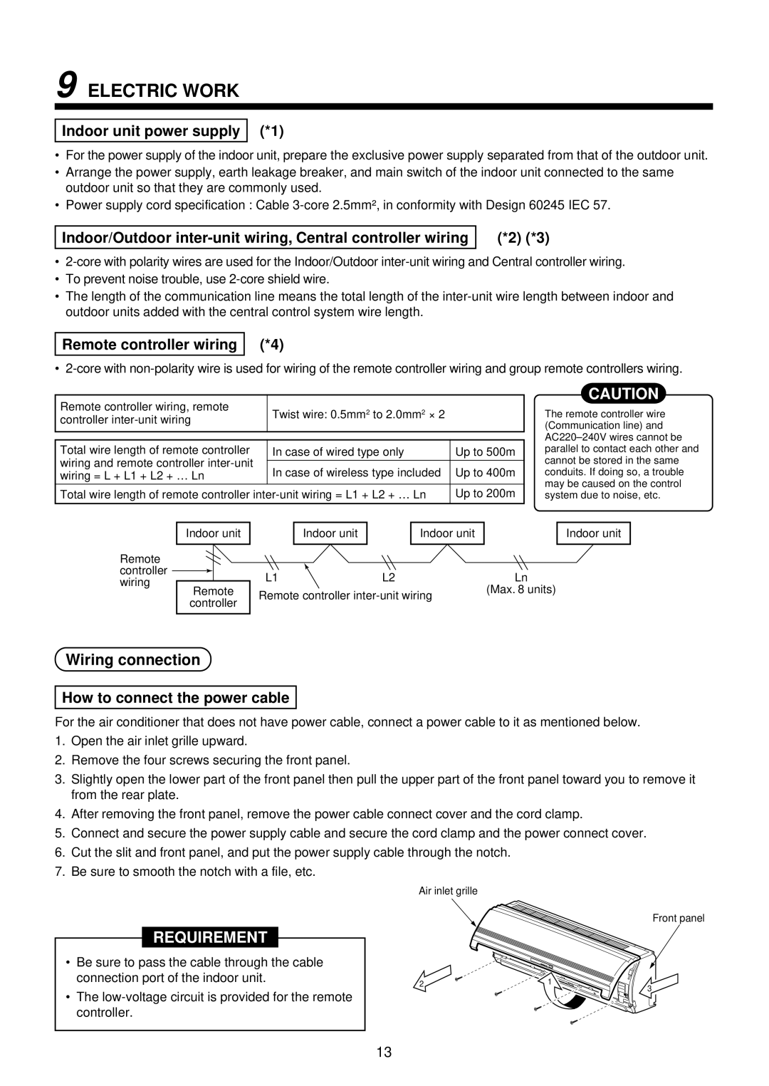 Toshiba MMK-AP0072H, MMK-AP0122H, MMK-AP0092H installation manual Electric Work, Wiring connection 