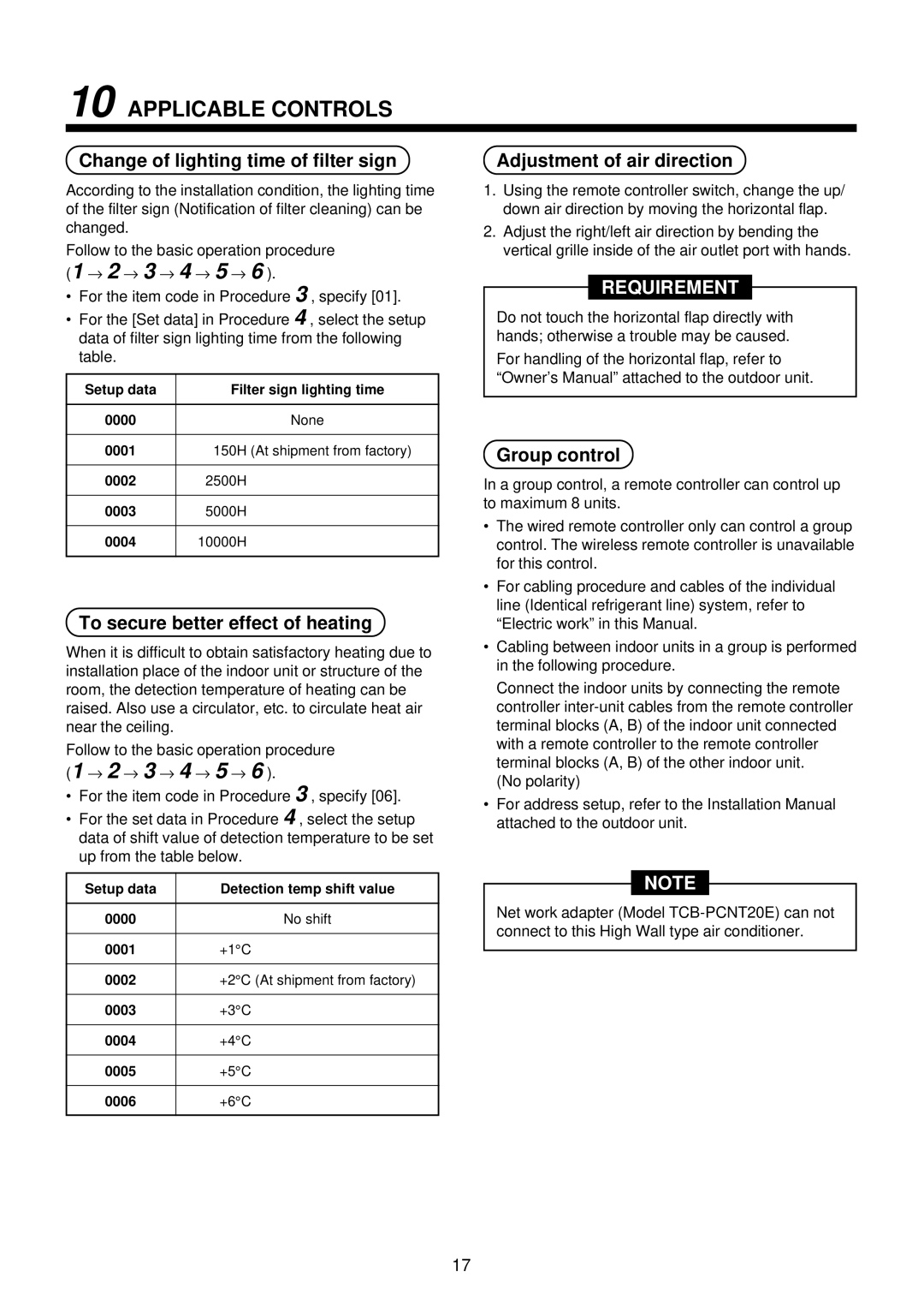 Toshiba MMK-AP0092H Applicable Controls, Change of lighting time of filter sign, To secure better effect of heating 