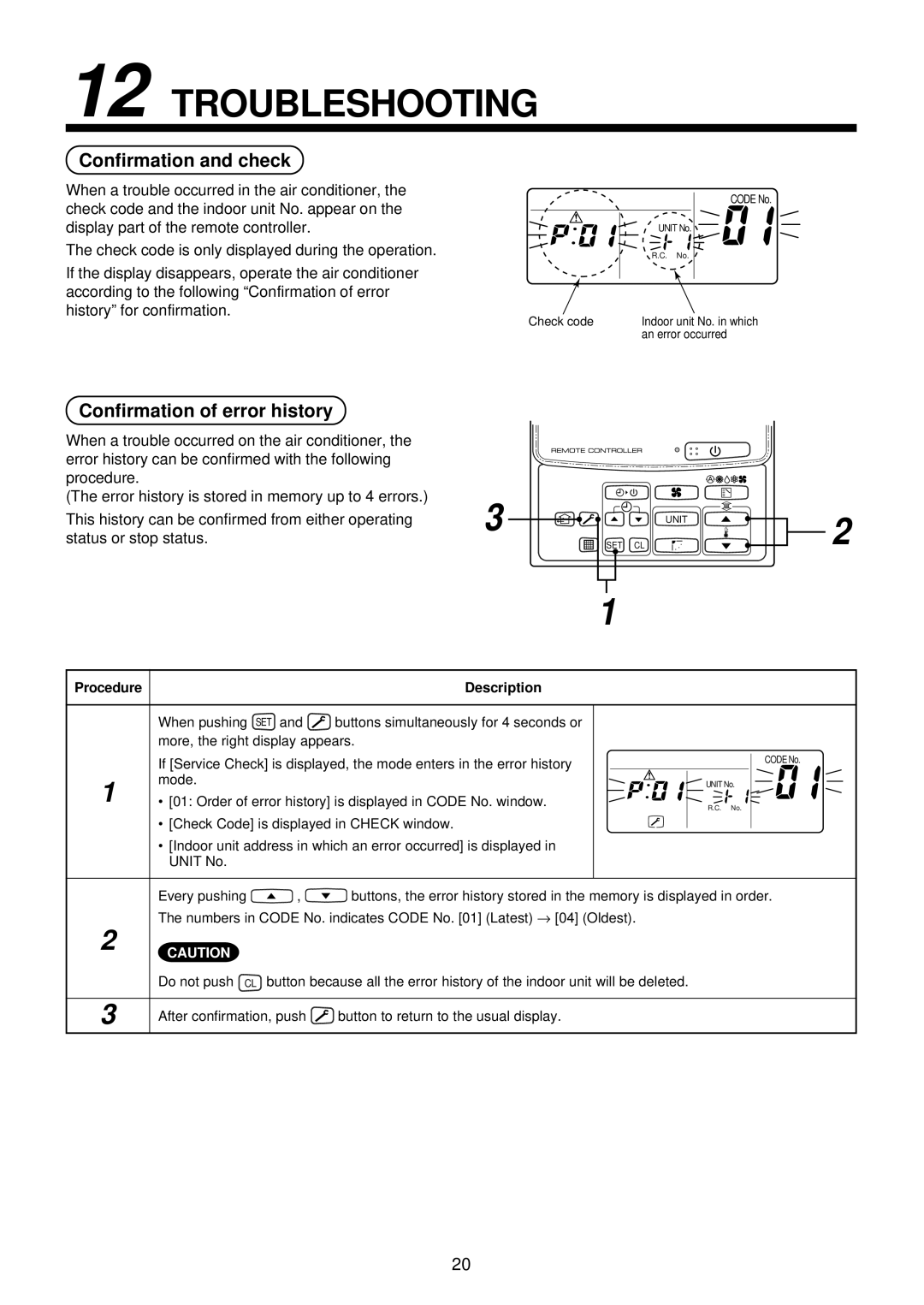 Toshiba MMK-AP0092H, MMK-AP0122H, MMK-AP0072H Troubleshooting, Confirmation and check, Confirmation of error history 