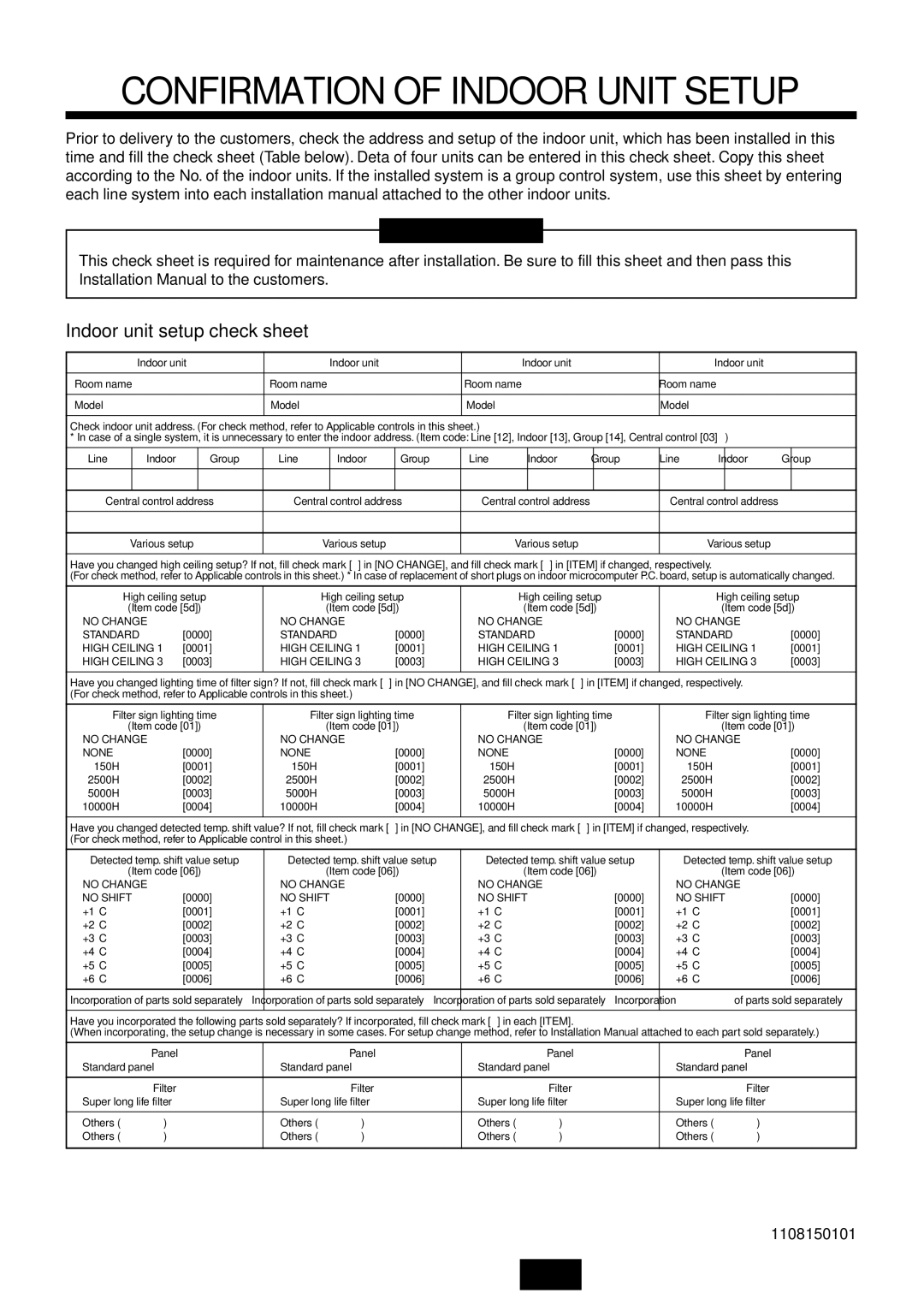 Toshiba MMK-AP0092H, MMK-AP0122H, MMK-AP0072H Confirmation of Indoor Unit Setup, Indoor unit setup check sheet 