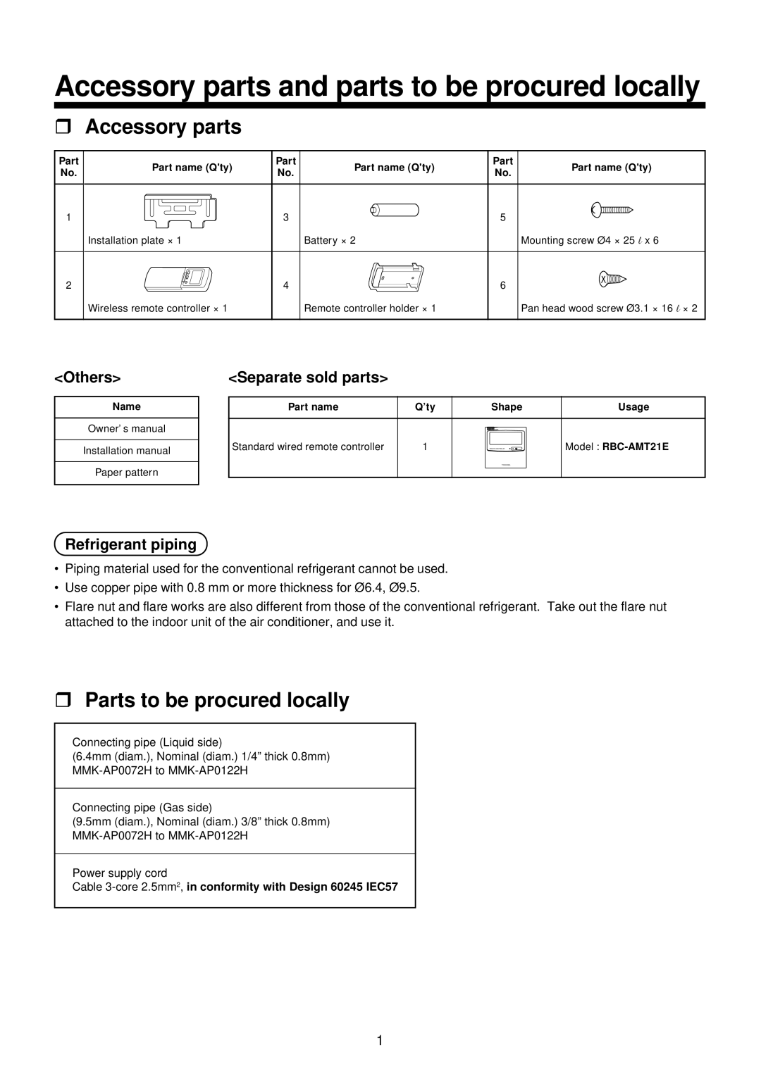 Toshiba MMK-AP0072H, MMK-AP0122H, MMK-AP0092H installation manual Others, Separate sold parts, Refrigerant piping 