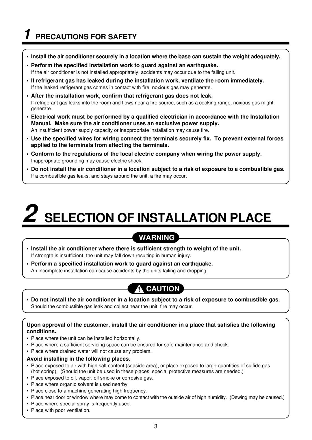 Toshiba MMK-AP0122H, MMK-AP0072H, MMK-AP0092H installation manual Selection of Installation Place, Precautions for Safety 