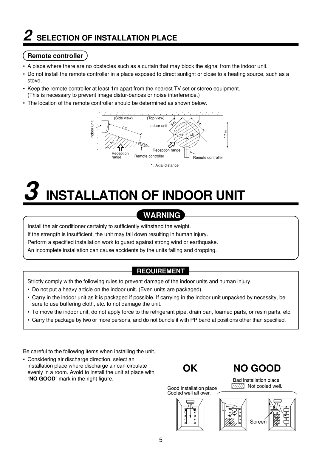 Toshiba MMK-AP0092H, MMK-AP0122H Installation of Indoor Unit, Selection of Installation Place, Remote controller 