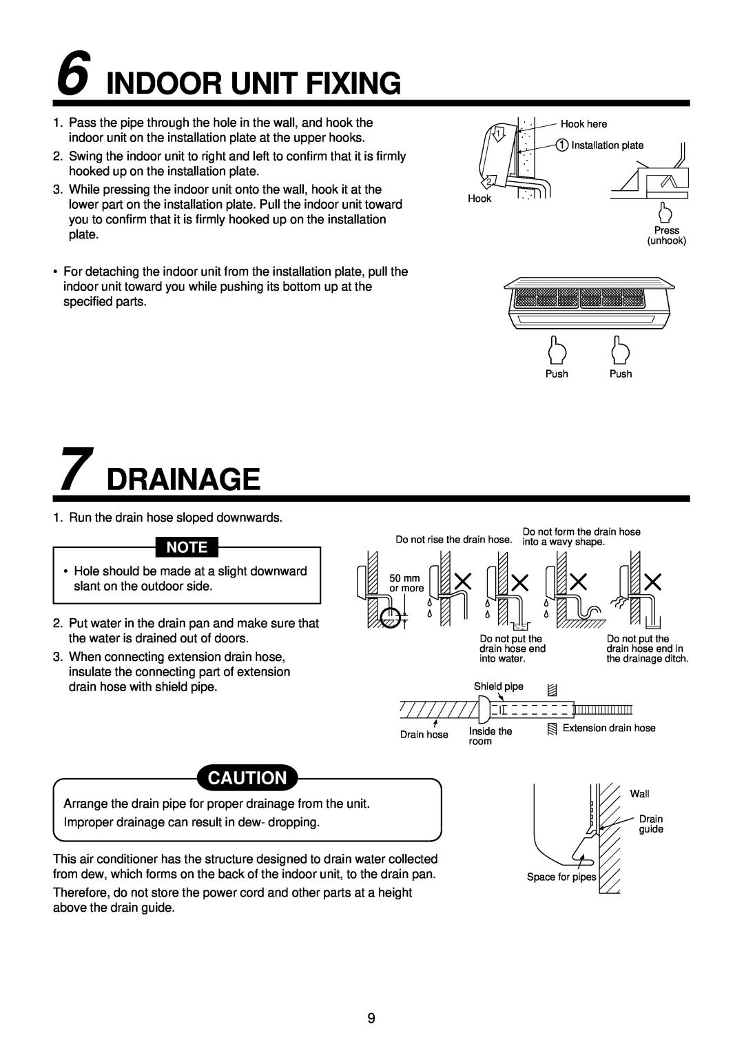 Toshiba MMK-AP0122H, MMK-AP0072H, MMK-AP0092H installation manual Indoor Unit Fixing, Drainage 