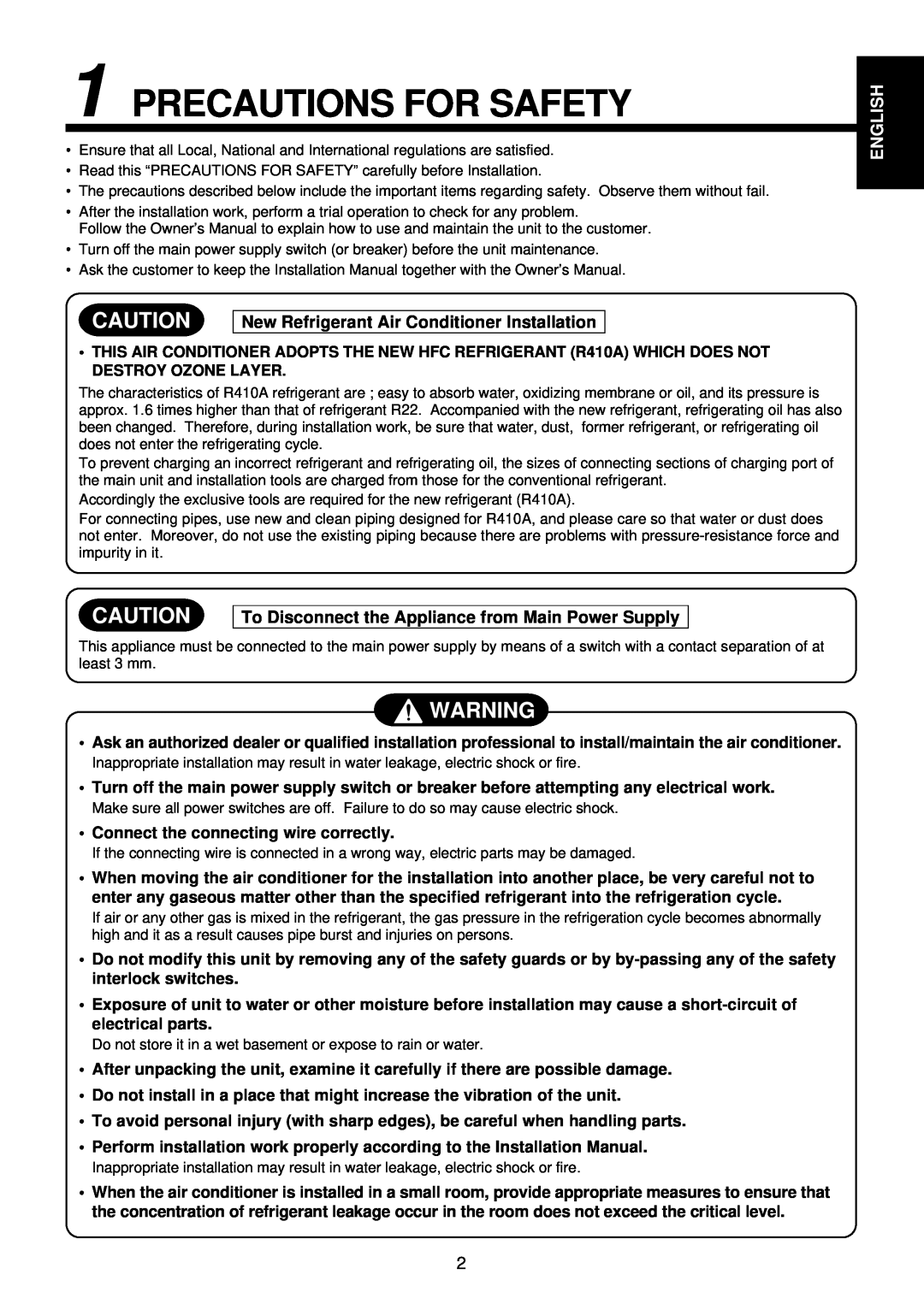 Toshiba MMK-AP0092H, MMK-AP0122H, MMK-AP0072H Precautions For Safety, New Refrigerant Air Conditioner Installation, English 