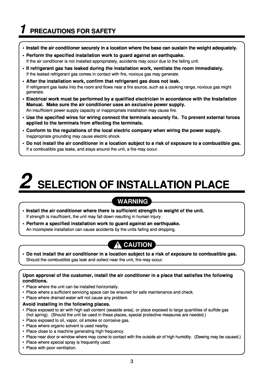 Toshiba MMK-AP0122H, MMK-AP0072H, MMK-AP0092H installation manual Selection Of Installation Place, Precautions For Safety 