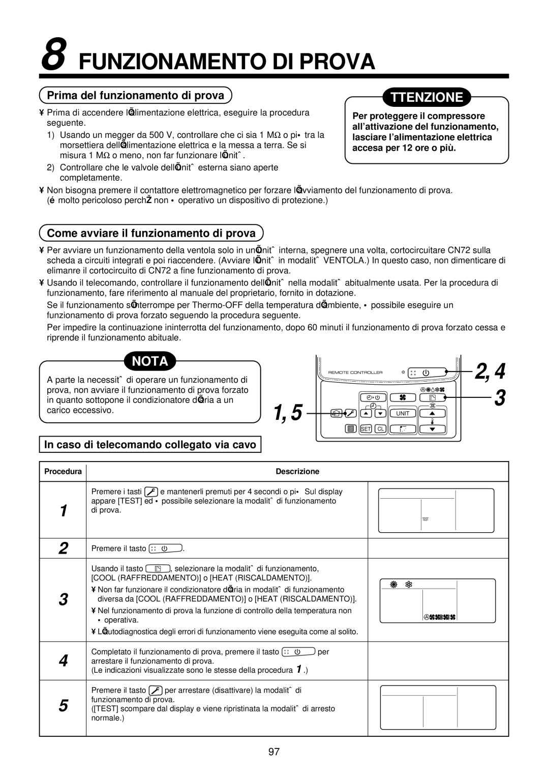 Toshiba MMU-AP0071YH installation manual Funzionamento DI Prova, Nota, Prima del funzionamento di prova 