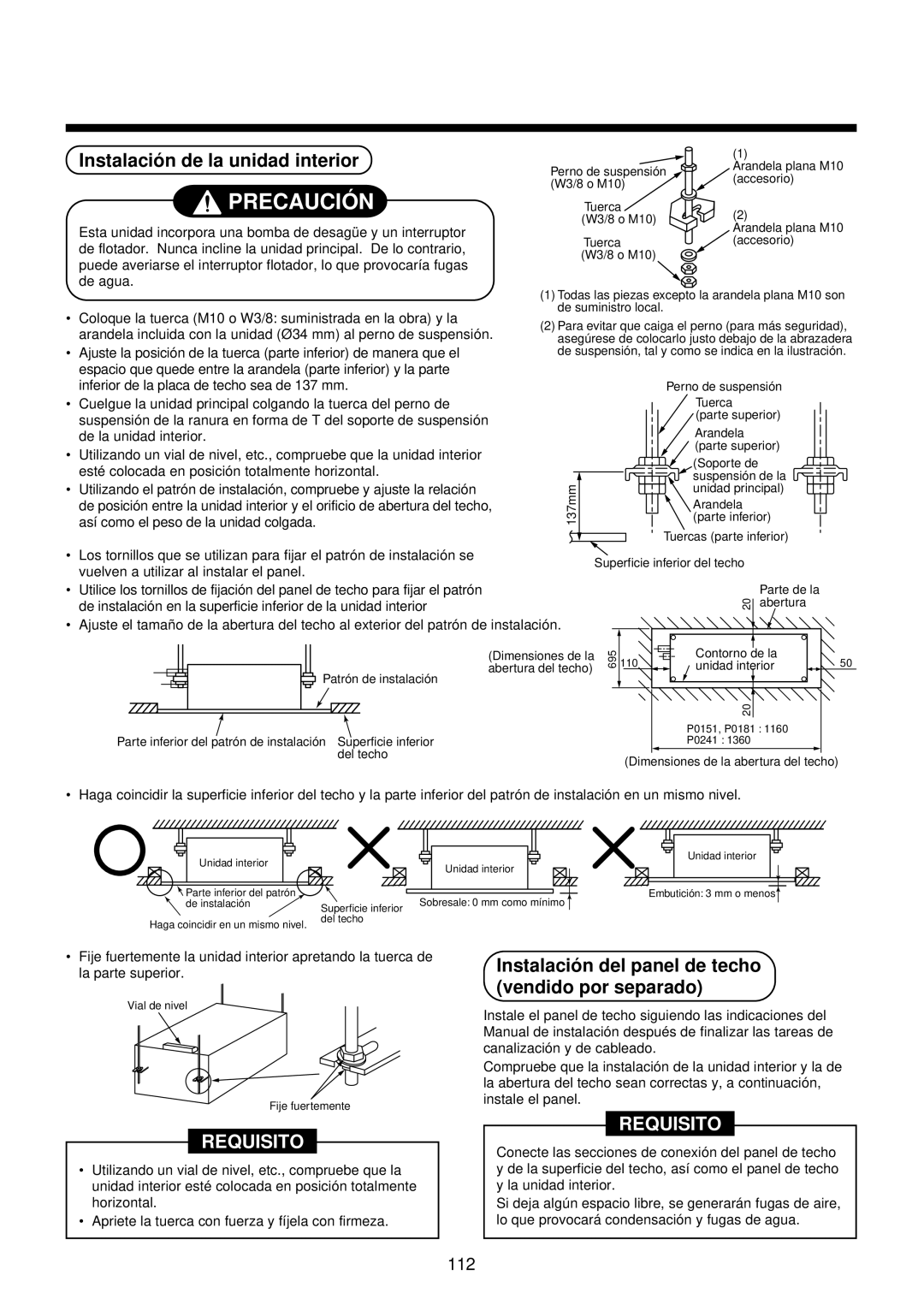 Toshiba MMU-AP0071YH Instalació n de la unidad interior, Instalació n del panel de techo vendido por separado 