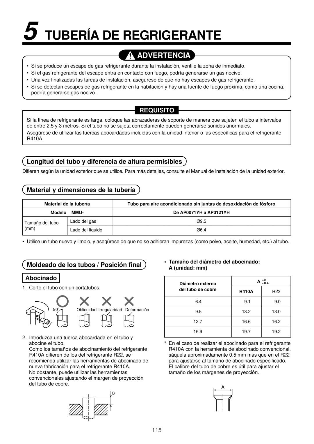 Toshiba MMU-AP0071YH Tubería DE Regrigerante, Longitud del tubo y diferencia de altura permisibles, Abocinado 