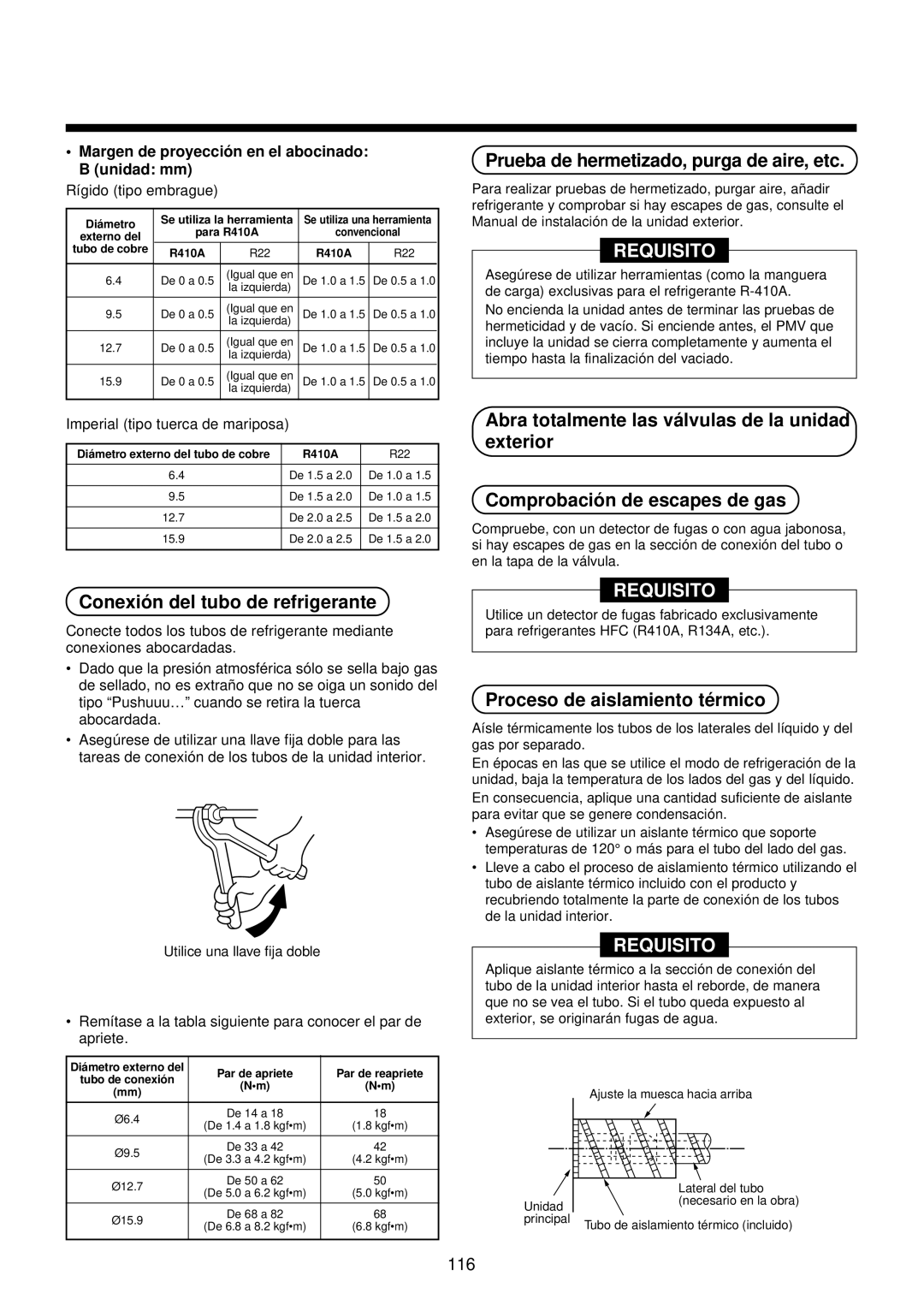 Toshiba MMU-AP0071YH installation manual Conexió n del tubo de refrigerante, Prueba de hermetizado, purga de aire, etc 