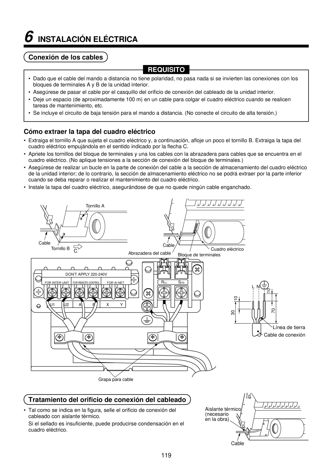 Toshiba MMU-AP0071YH Instalació N ELÉ Ctrica, Conexió n de los cables, Có mo extraer la tapa del cuadro elé ctrico 