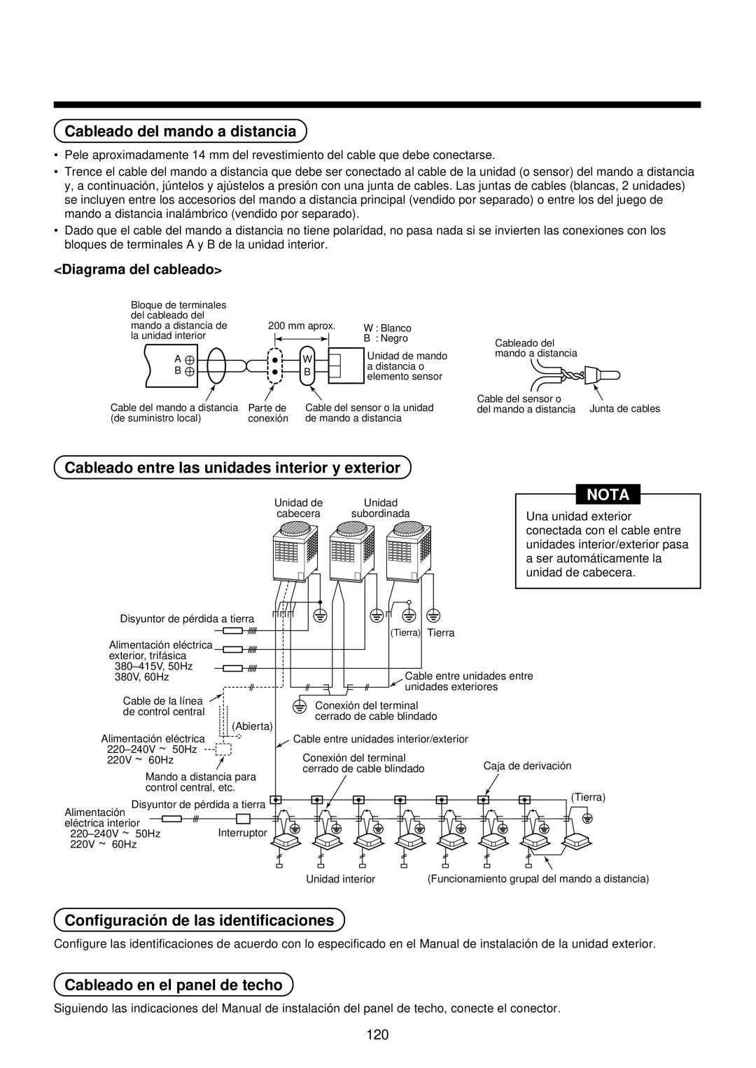 Toshiba MMU-AP0071YH installation manual Cableado del mando a distancia, Cableado entre las unidades interior y exterior 