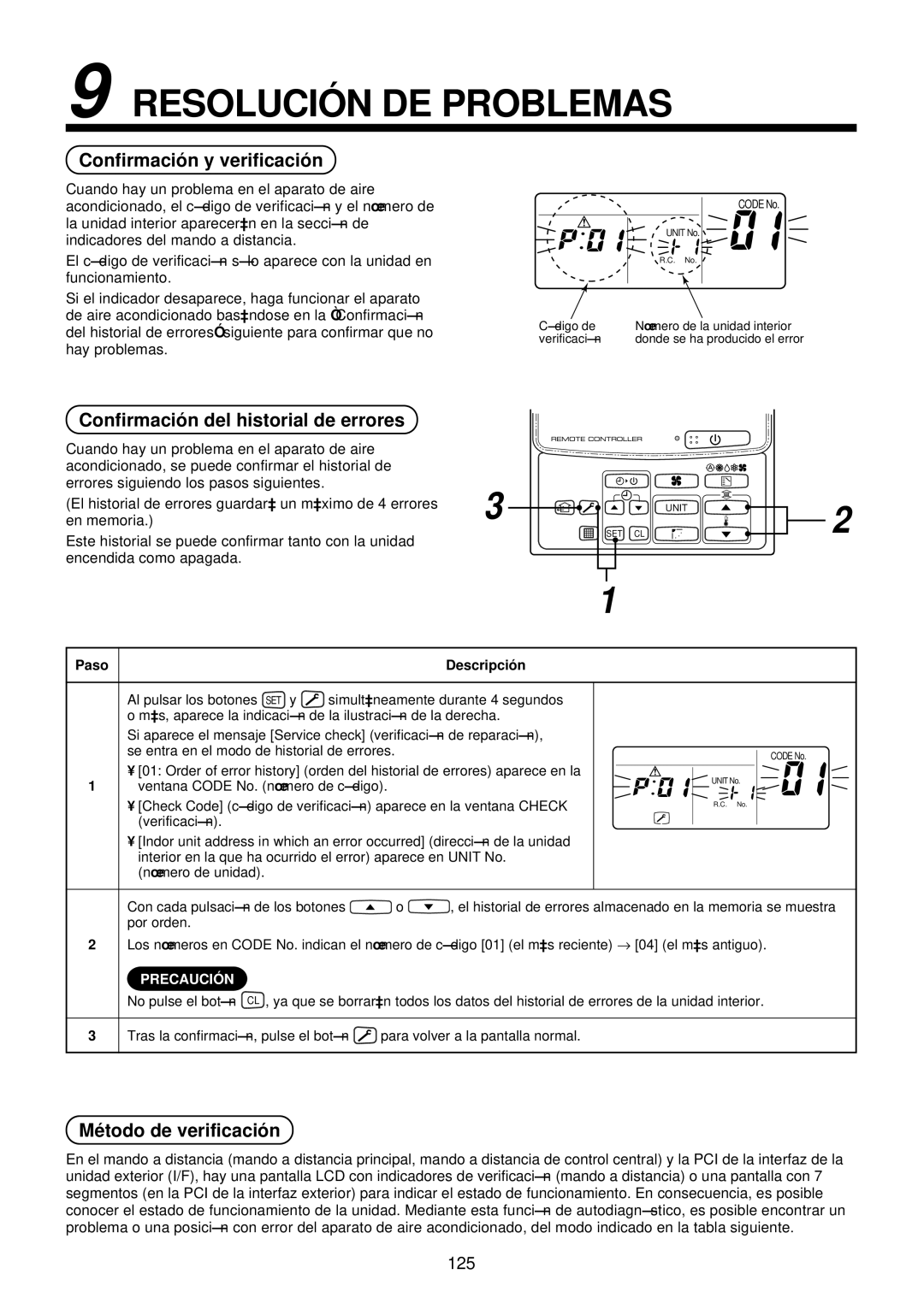 Toshiba MMU-AP0071YH Resolució N DE Problemas, Confirmació n y verificació n, Confirmació n del historial de errores 