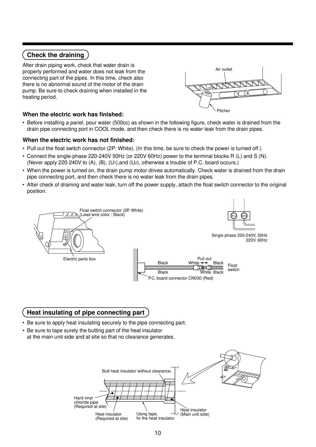 Toshiba MMU-AP0071YH Check the draining, Heat insulating of pipe connecting part, When the electric work has finished 