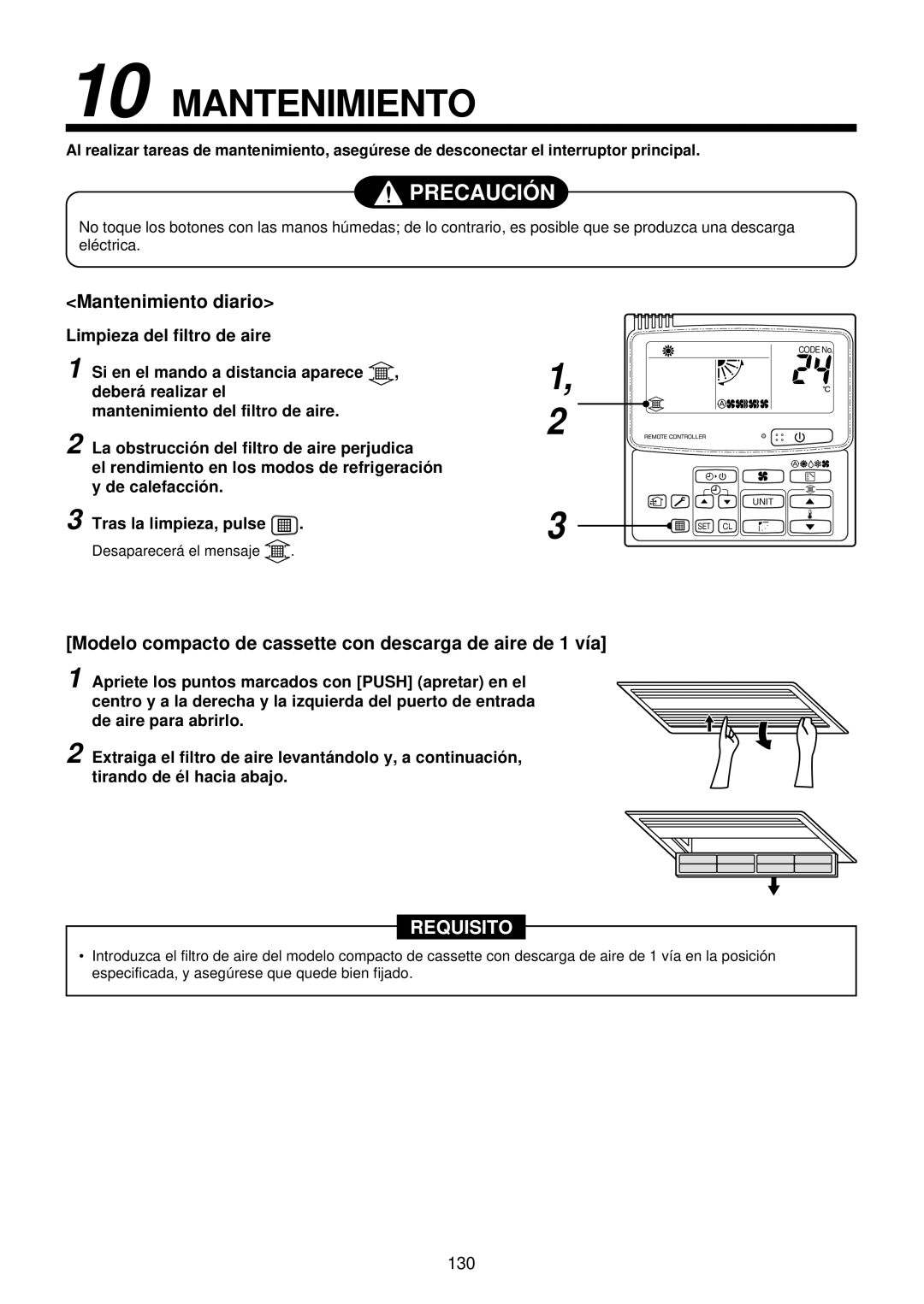 Toshiba MMU-AP0071YH Mantenimiento, Modelo compacto de cassette con descarga de aire de 1 vía, Desaparecerá el mensaje 