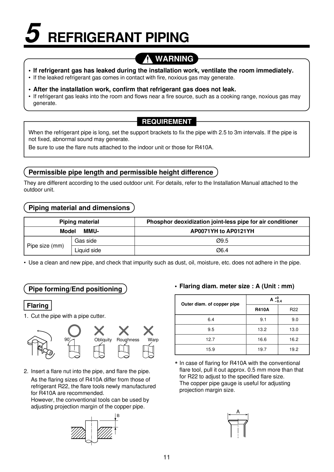 Toshiba MMU-AP0071YH installation manual Refrigerant Piping, Permissible pipe length and permissible height difference 