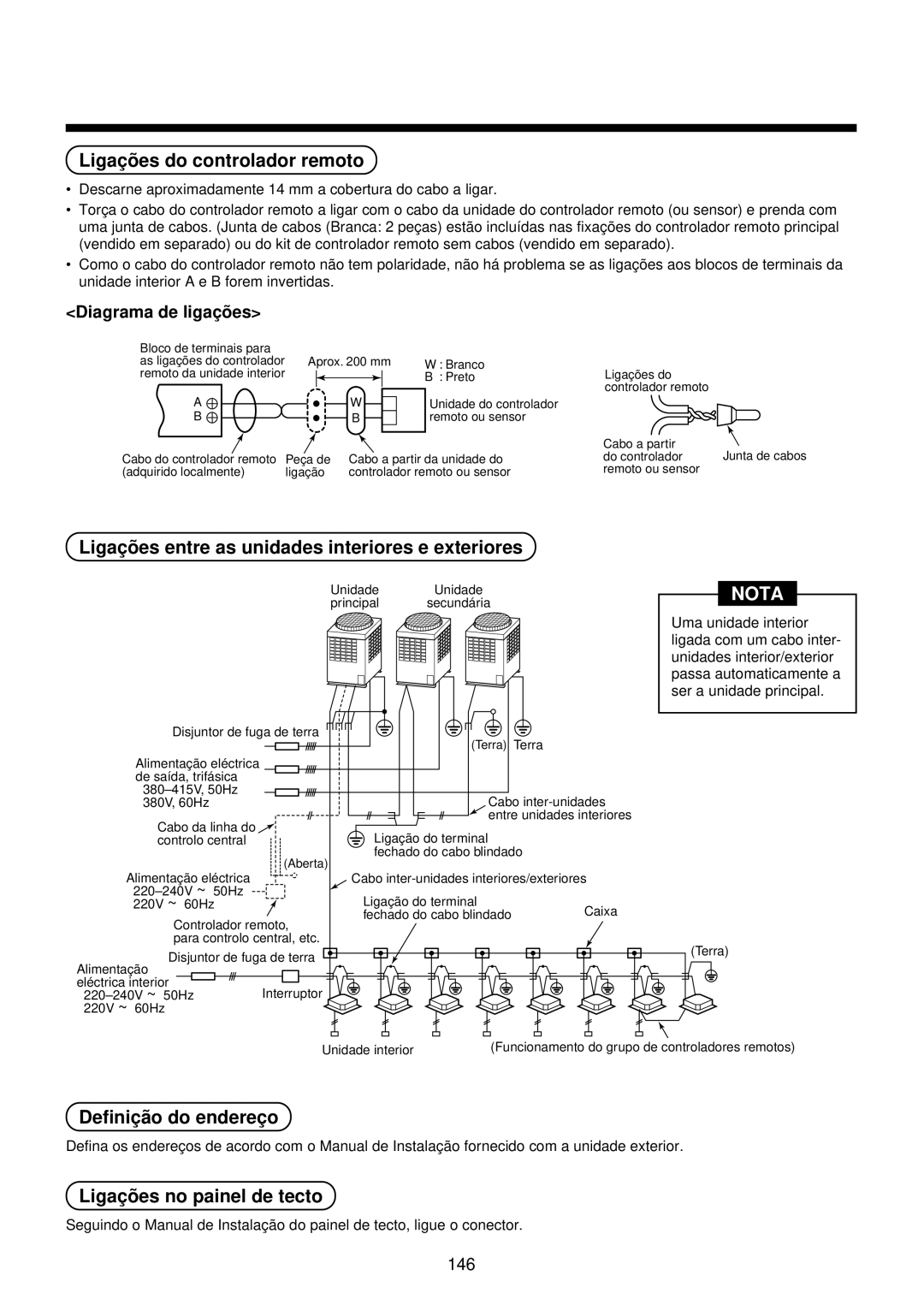 Toshiba MMU-AP0071YH Ligaçõ es do controlador remoto, Ligaçõ es entre as unidades interiores e exteriores 