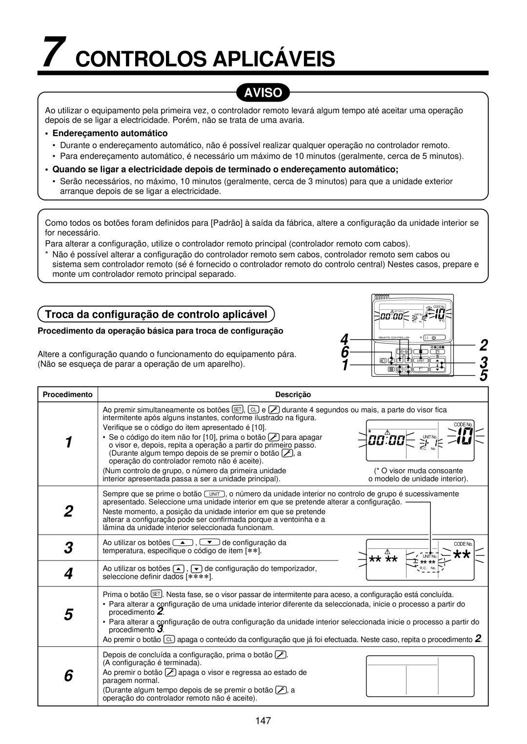 Toshiba MMU-AP0071YH Controlos Aplicá Veis, Troca da configuraçã o de controlo aplicá vel, Endereç amento automá tico 