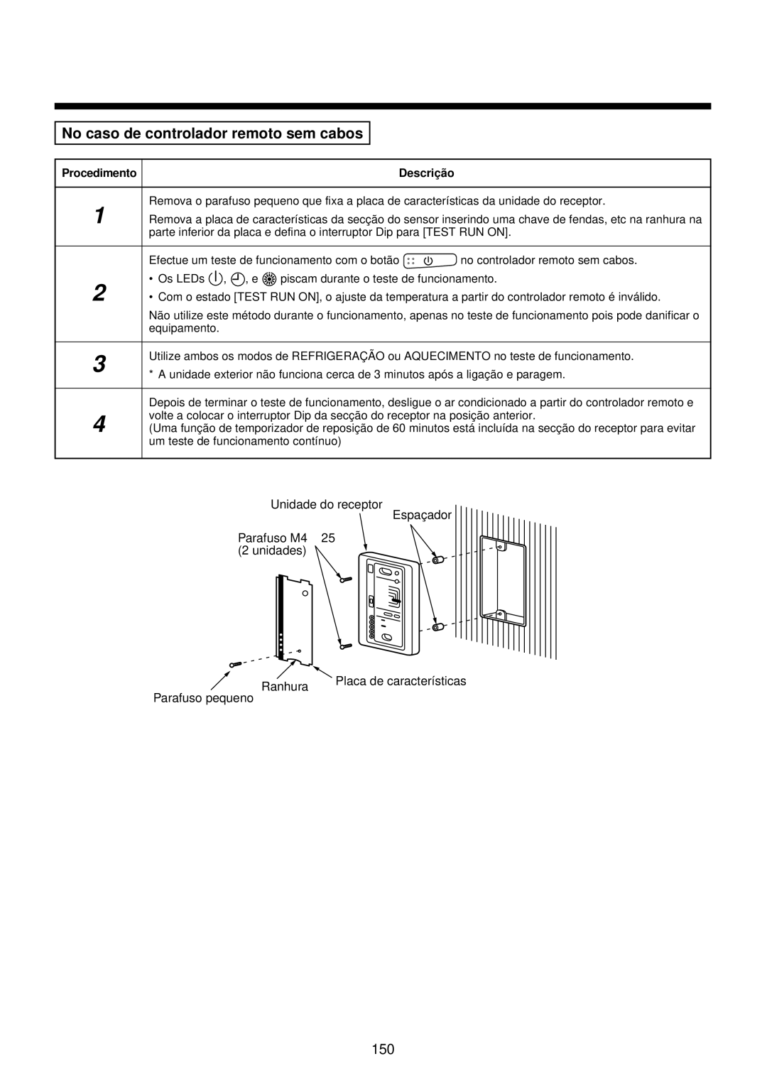 Toshiba MMU-AP0071YH installation manual No caso de controlador remoto sem cabos, Parafuso pequeno, Procedimento 