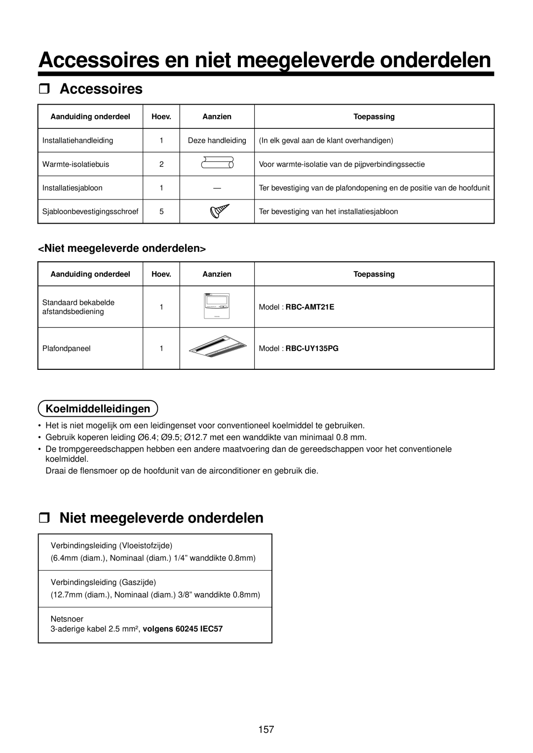 Toshiba MMU-AP0071YH installation manual Niet meegeleverde onderdelen, Koelmiddelleidingen 