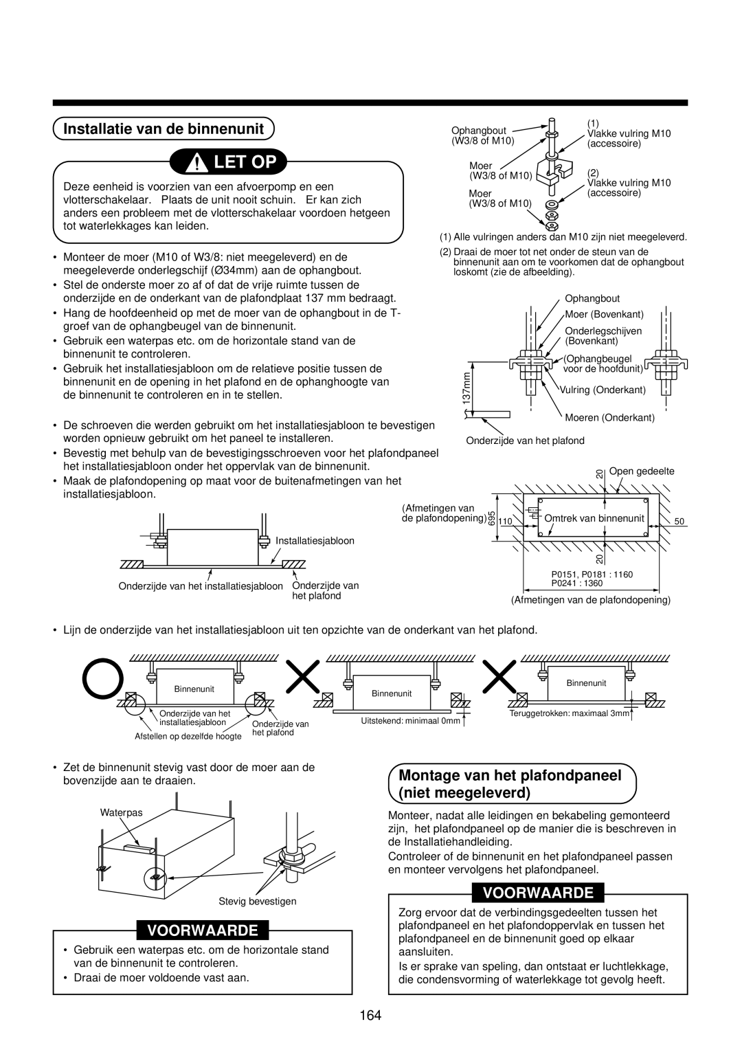 Toshiba MMU-AP0071YH installation manual Installatie van de binnenunit, Montage van het plafondpaneel niet meegeleverd 