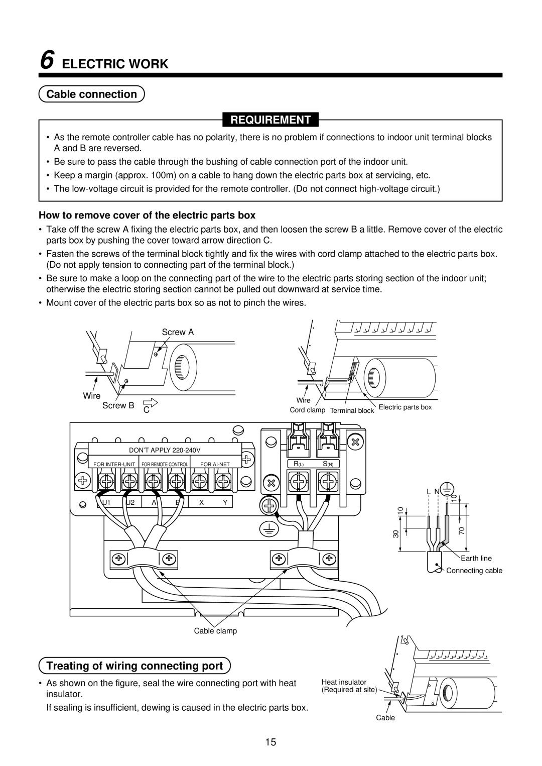 Toshiba MMU-AP0071YH installation manual Electric Work, Cable connection, Treating of wiring connecting port, Screw B C 