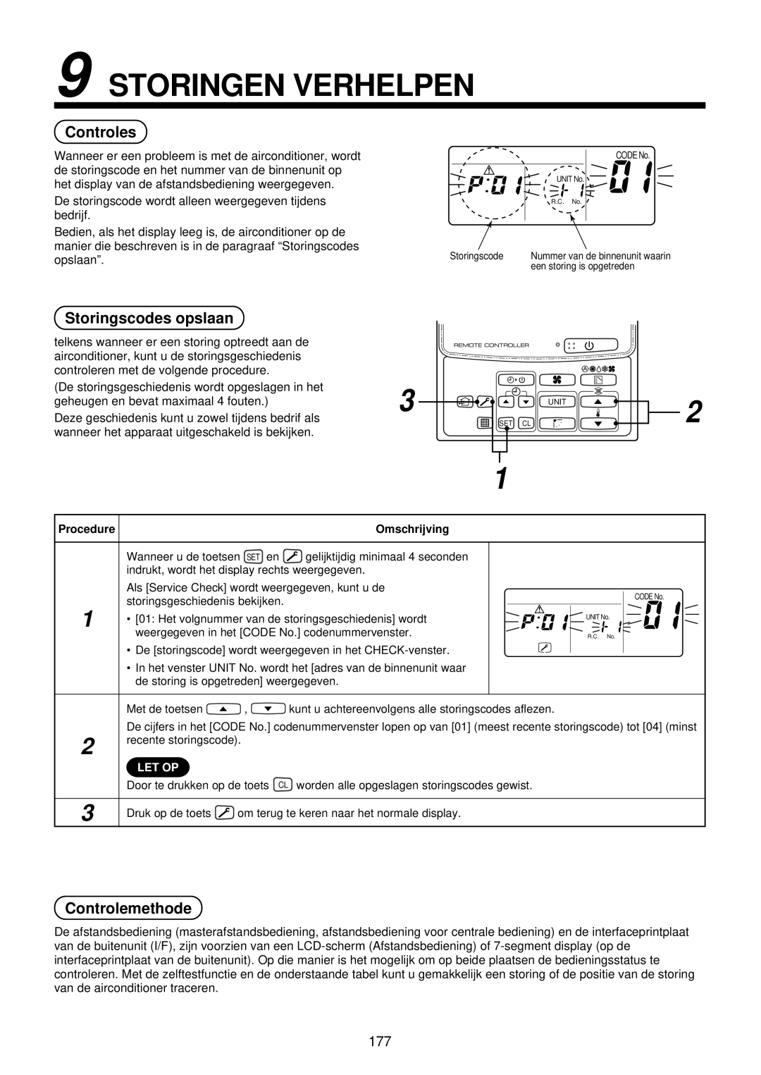 Toshiba MMU-AP0071YH installation manual Storingen Verhelpen, Controles, Storingscodes opslaan, Controlemethode 