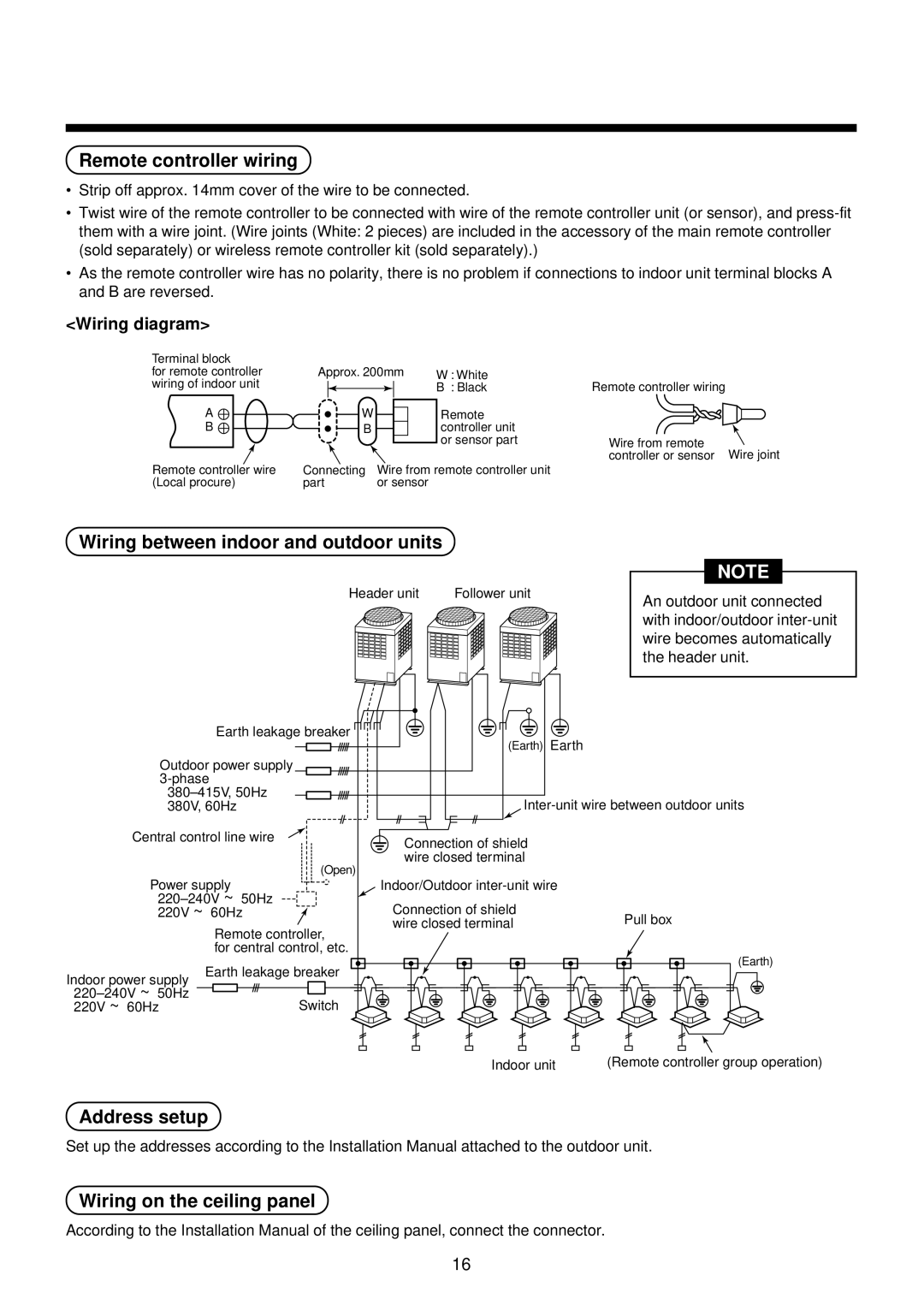 Toshiba MMU-AP0071YH Remote controller wiring, Wiring between indoor and outdoor units, Address setup, Wiring diagram 