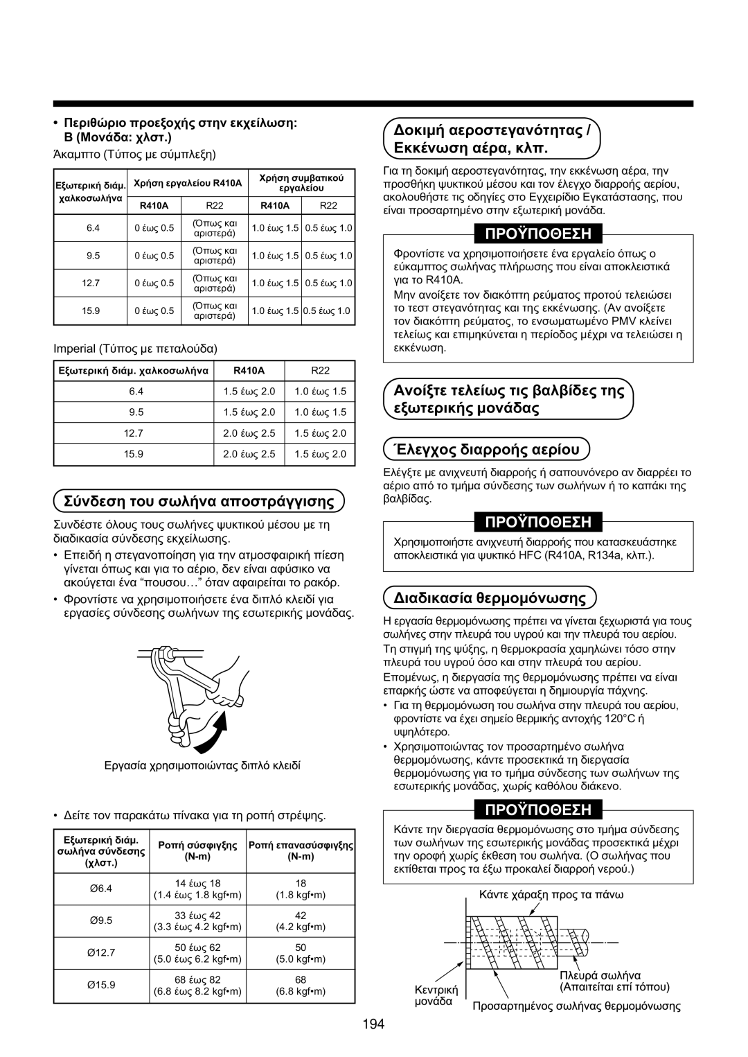 Toshiba MMU-AP0071YH installation manual Óýíäåóç ôïõ óùëÞíá áðïóôñÜããéóçò, ÄïêéìÞ áåñïóôåãáíüôçôáò / ÅêêÝíùóç áÝñá, êëð 