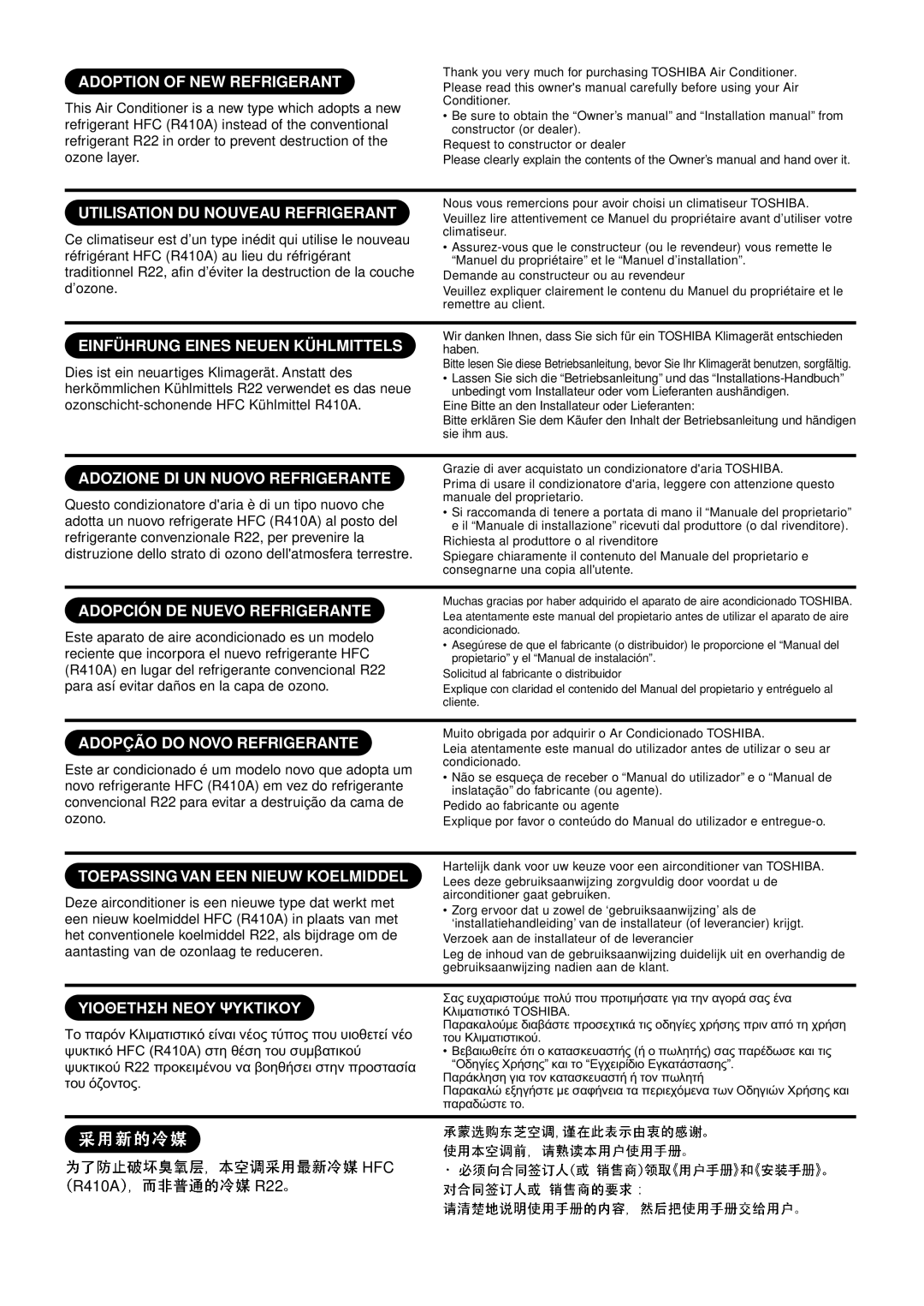 Toshiba MMU-AP0071YH installation manual Adoption of NEW Refrigerant, HFC R410A R22 