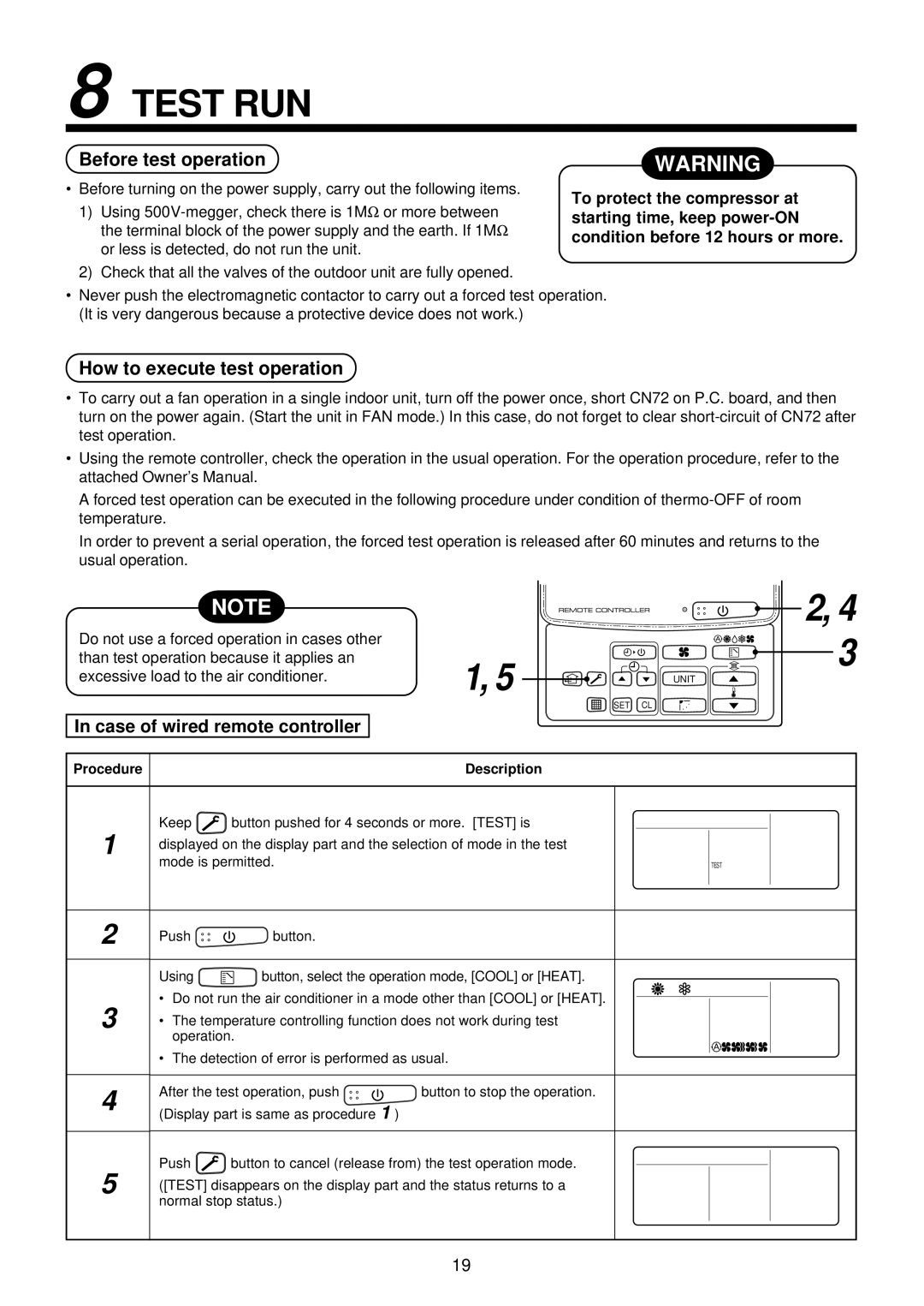 Toshiba MMU-AP0071YH Test RUN, Before test operation, How to execute test operation, Case of wired remote controller 