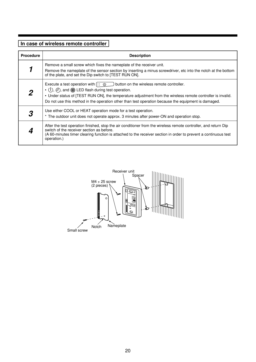 Toshiba MMU-AP0071YH installation manual Case of wireless remote controller, Procedure 