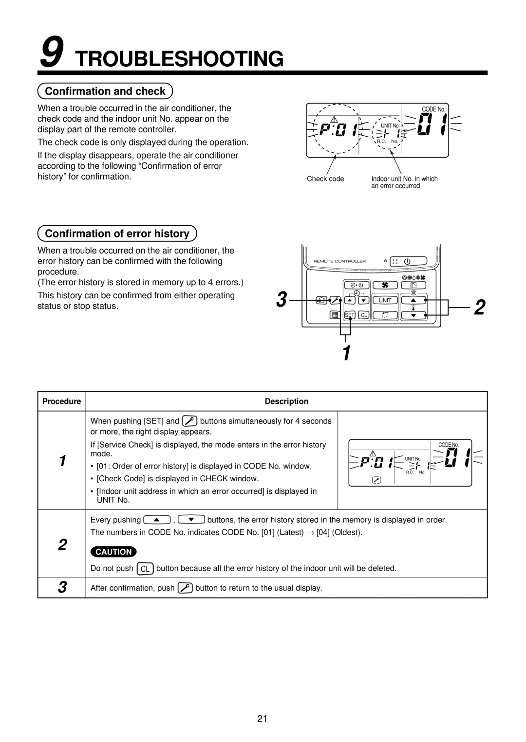 Toshiba MMU-AP0071YH installation manual Troubleshooting, Confirmation and check, Confirmation of error history 