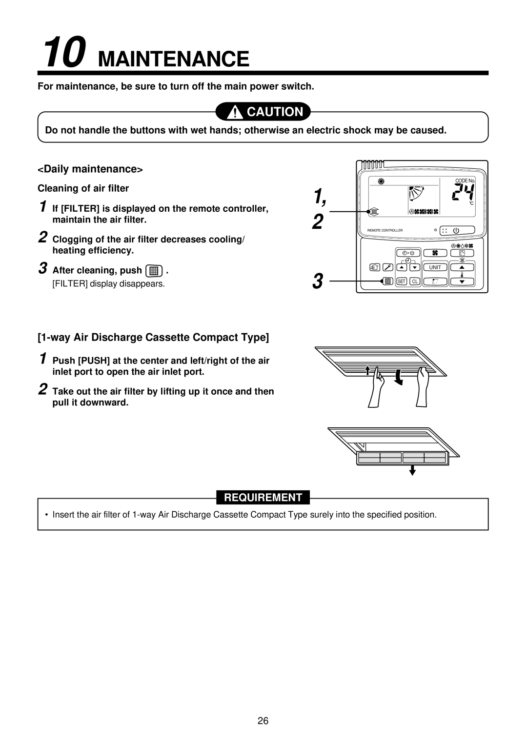 Toshiba MMU-AP0071YH Maintenance, Daily maintenance, Way Air Discharge Cassette Compact Type, Cleaning of air filter 