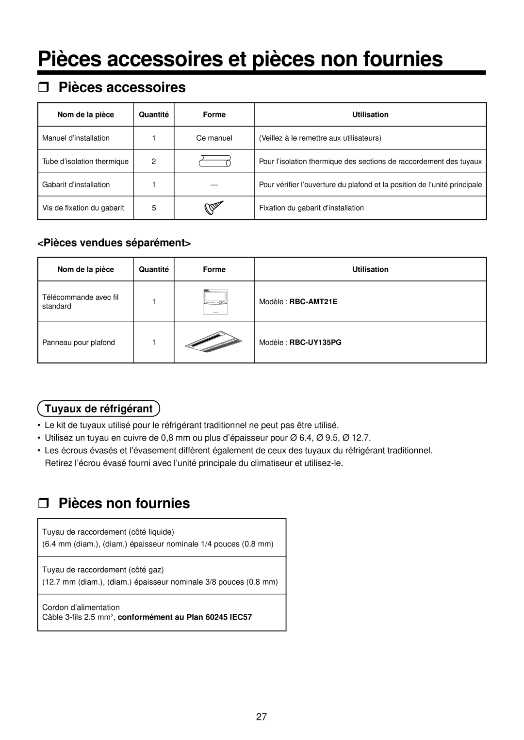 Toshiba MMU-AP0071YH installation manual Tuyaux de ré frigé rant, Piè ces vendues sé paré ment 