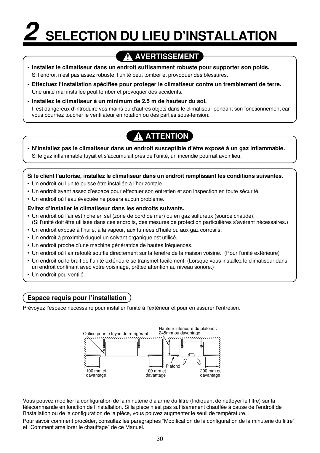 Toshiba MMU-AP0071YH installation manual Selection DU Lieu D’INSTALLATION, Espace requis pour l’installation 