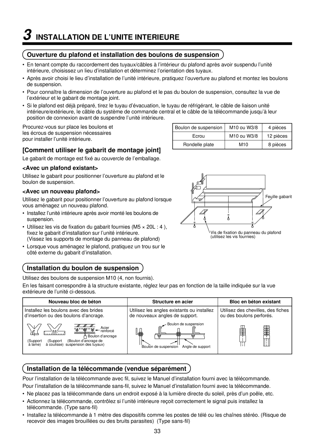 Toshiba MMU-AP0071YH installation manual Installation DE L’UNITE Interieure, Comment utiliser le gabarit de montage joint 