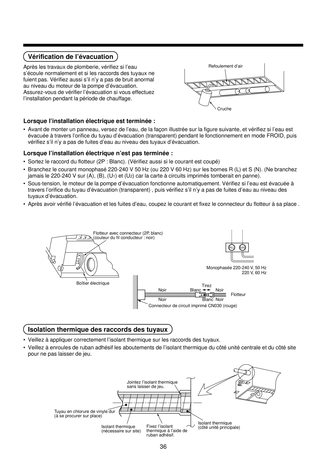 Toshiba MMU-AP0071YH installation manual Vé rification de l’é vacuation, Isolation thermique des raccords des tuyaux 