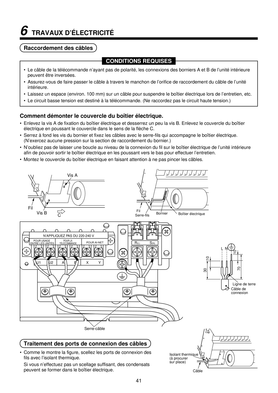 Toshiba MMU-AP0071YH Travaux D’É Lectricité, Raccordement des câ bles, Traitement des ports de connexion des câ bles 