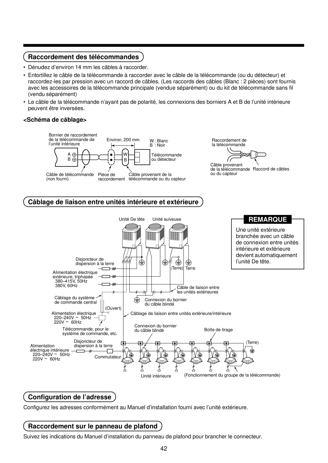 Toshiba MMU-AP0071YH Raccordement des té lé commandes, Configuration de l’adresse, Raccordement sur le panneau de plafond 