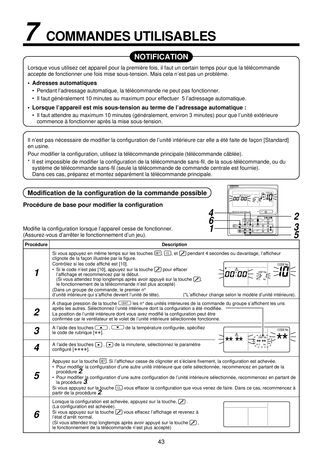 Toshiba MMU-AP0071YH installation manual Commandes Utilisables, Modification de la configuration de la commande possible 