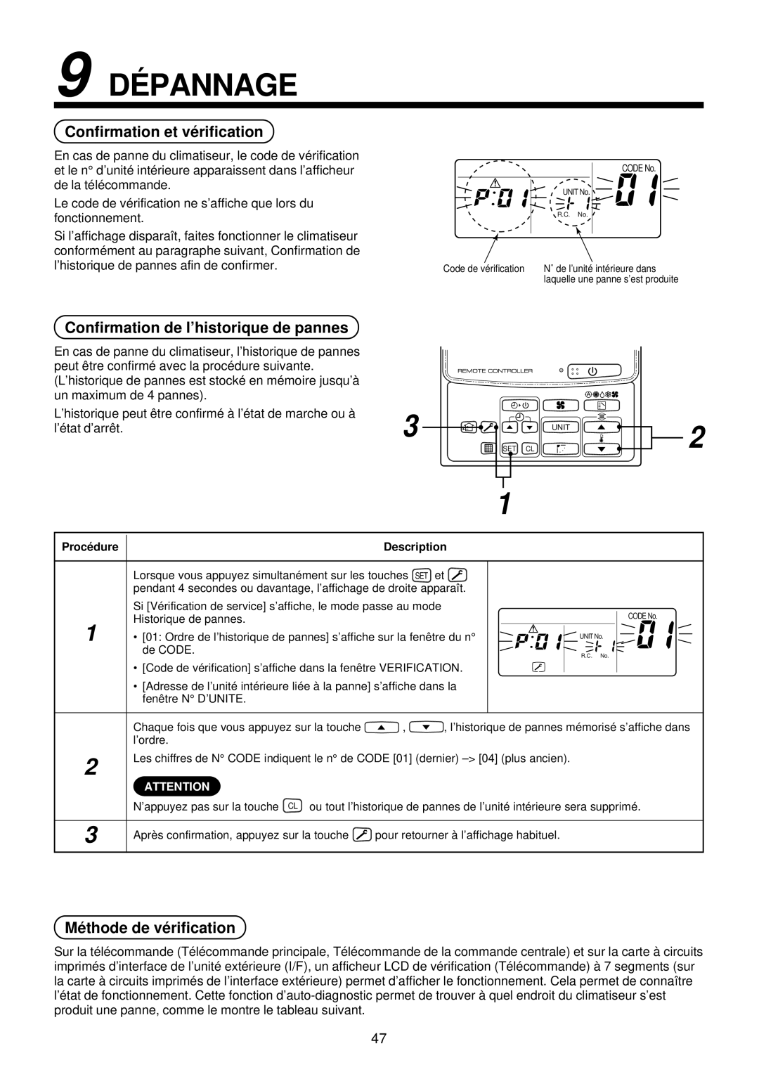 Toshiba MMU-AP0071YH installation manual DÉ Pannage, Confirmation et vé rification, Confirmation de l’historique de pannes 