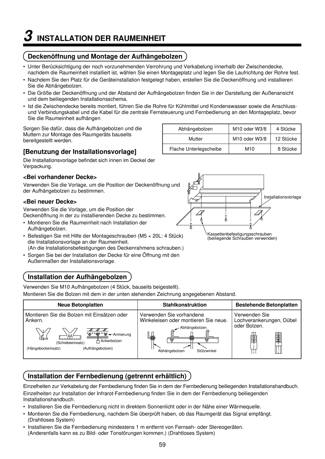 Toshiba MMU-AP0071YH installation manual Installation DER Raumeinheit, Deckenö ffnung und Montage der Aufhä ngebolzen 