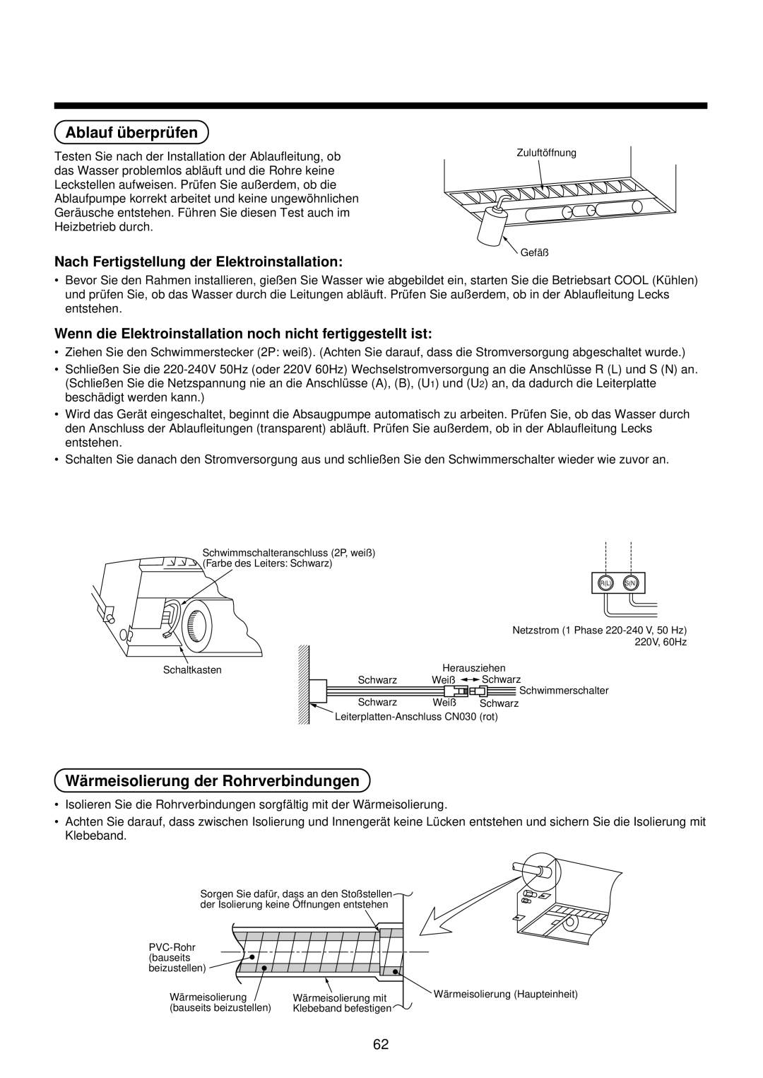 Toshiba MMU-AP0071YH installation manual Ablauf ü berprü fen, Wä rmeisolierung der Rohrverbindungen 