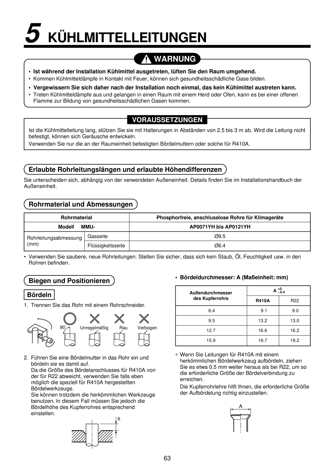 Toshiba MMU-AP0071YH KÜ Hlmittelleitungen, Erlaubte Rohrleitungslä ngen und erlaubte Hö hendifferenzen, Bö rdeln 